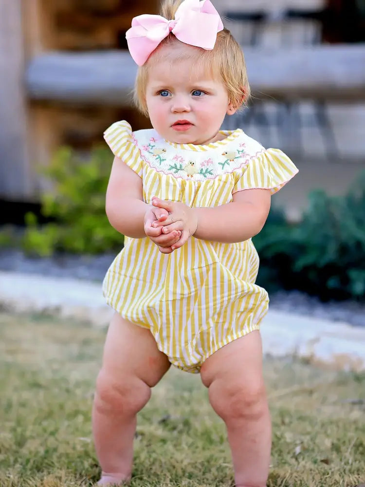 Spring/Summer Chick Floral Embroidery Smocking Girls Romper - Romper