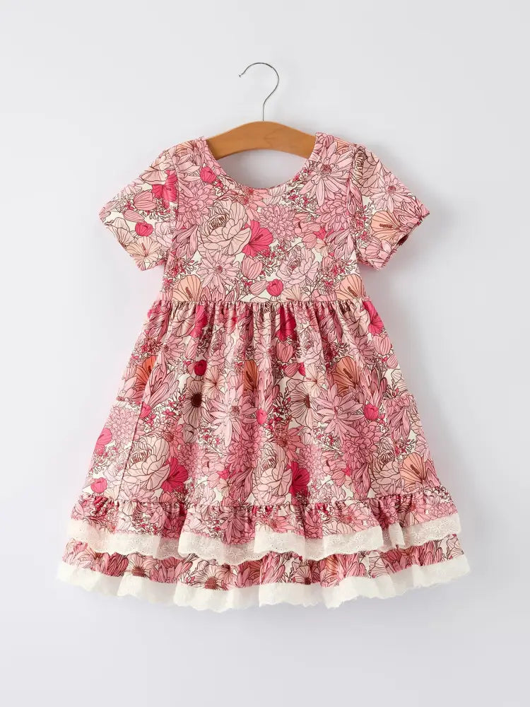 Fall Sweet Floral Pattern Dress with Pockets and Ruffle Hem for Girls Dress