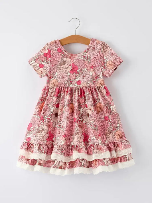 Fall Sweet Floral Pattern Dress with Pockets and Ruffle Hem for Girls Dress
