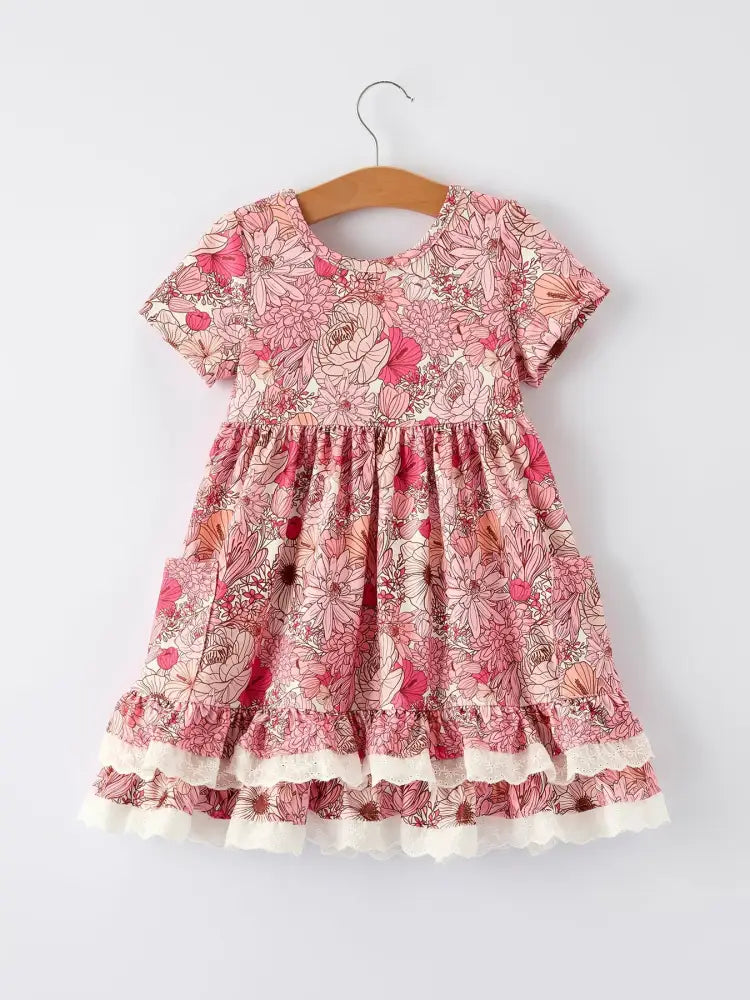 Fall Sweet Floral Pattern Dress with Pockets and Ruffle Hem for Girls Dress