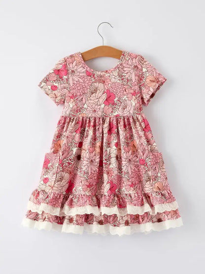 Fall Sweet Floral Pattern Dress with Pockets and Ruffle Hem for Girls Dress