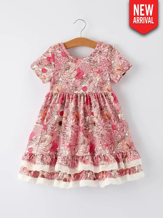 Fall Sweet Floral Pattern Dress with Pockets and Ruffle Hem for Girls Dress