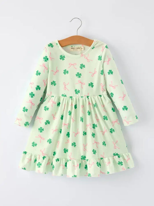 St. Patrick’s Day Bow Shamrock Print Ruffles Girls Dress Dress