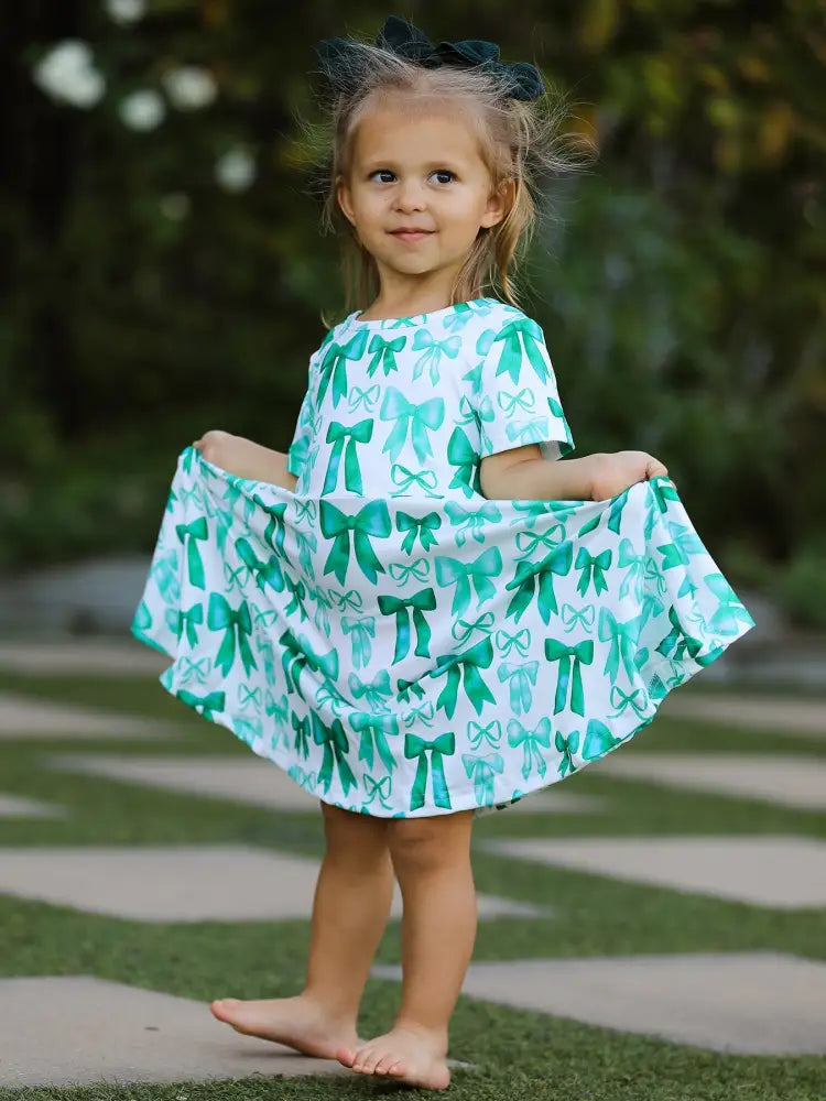 St. Patrick’s Day Bow Print Short Sleeves Girls Dress Dress