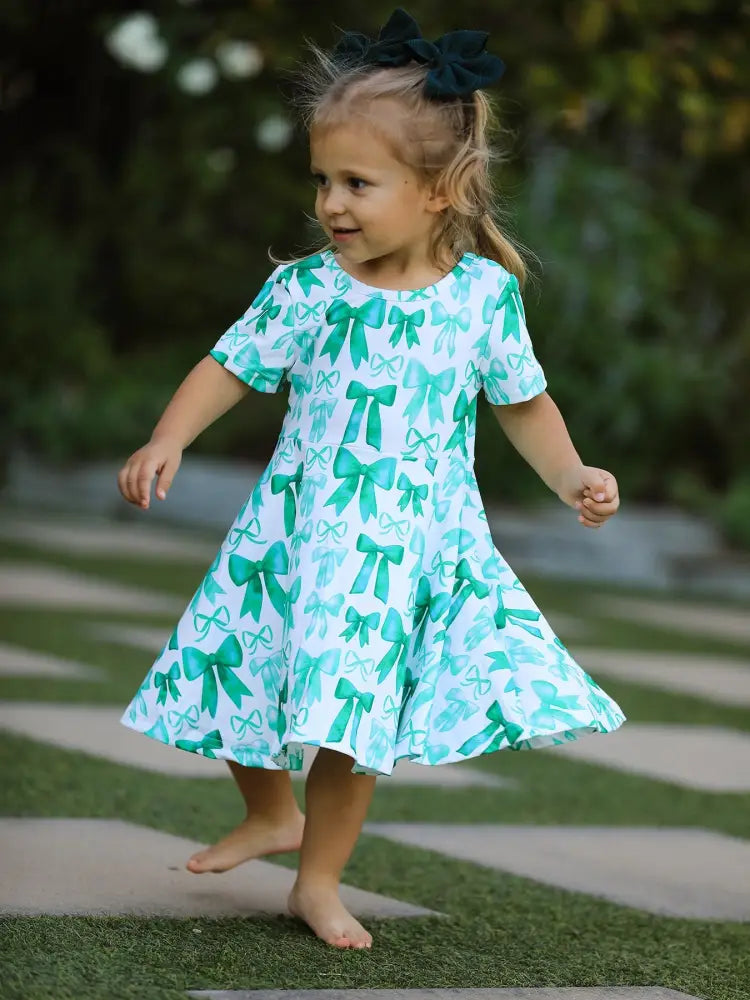 St. Patrick’s Day Bow Print Short Sleeves Girls Dress Dress