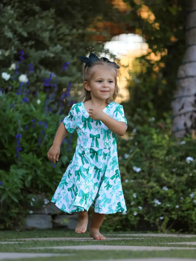 St. Patrick’s Day Bow Print Short Sleeves Girls Dress Dress