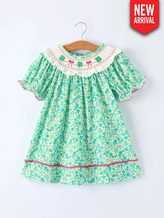 Girls St. Patrick’s Day Shamrock Bow Smocked Dress Dress