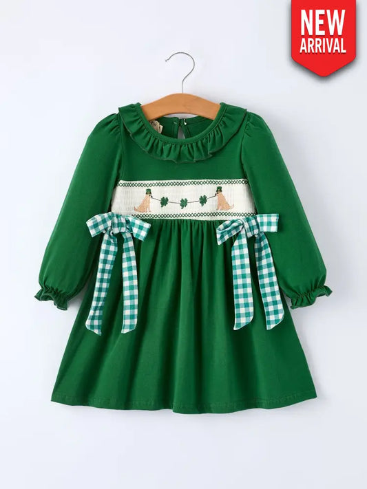 Girls St. Patrick’s Day Shamrock Puppy Smocked Dress Dress