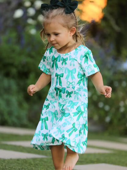 St. Patrick’s Day Bow Print Short Sleeves Girls Dress Dress