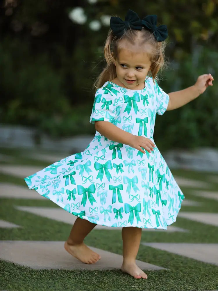St. Patrick’s Day Bow Print Short Sleeves Girls Dress Dress