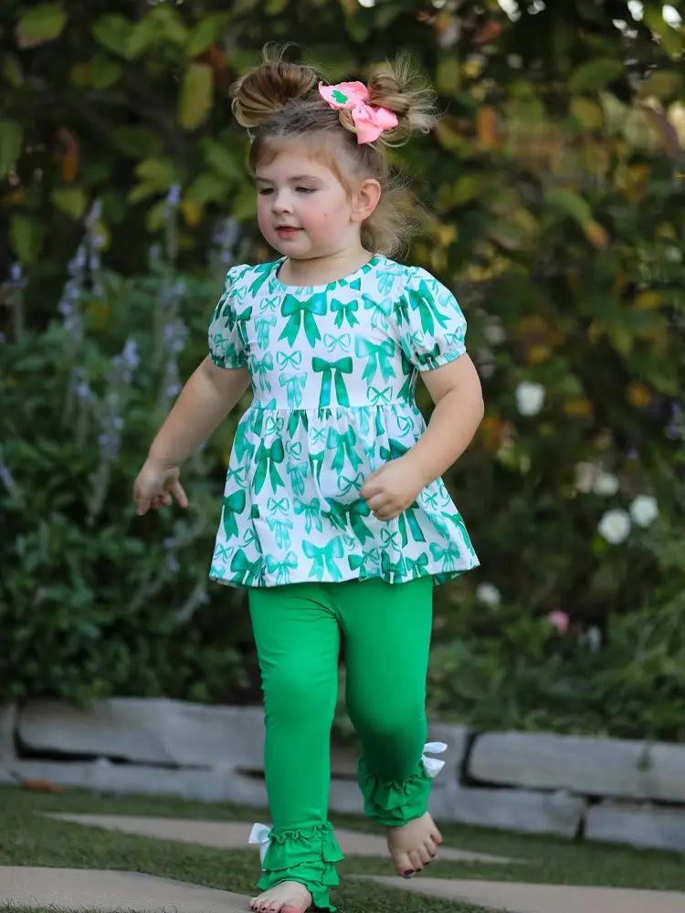 St. Patrick’s Day Bow Top and Ruffled Leggings Girls Set Outfit
