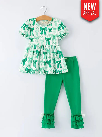 St. Patrick’s Day Bow Top and Ruffled Leggings Girls Set Outfit