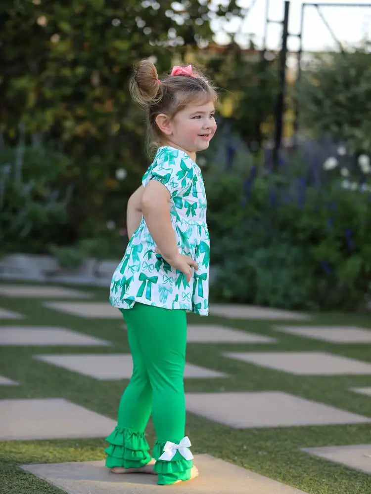 St. Patrick’s Day Bow Top and Ruffled Leggings Girls Set Outfit