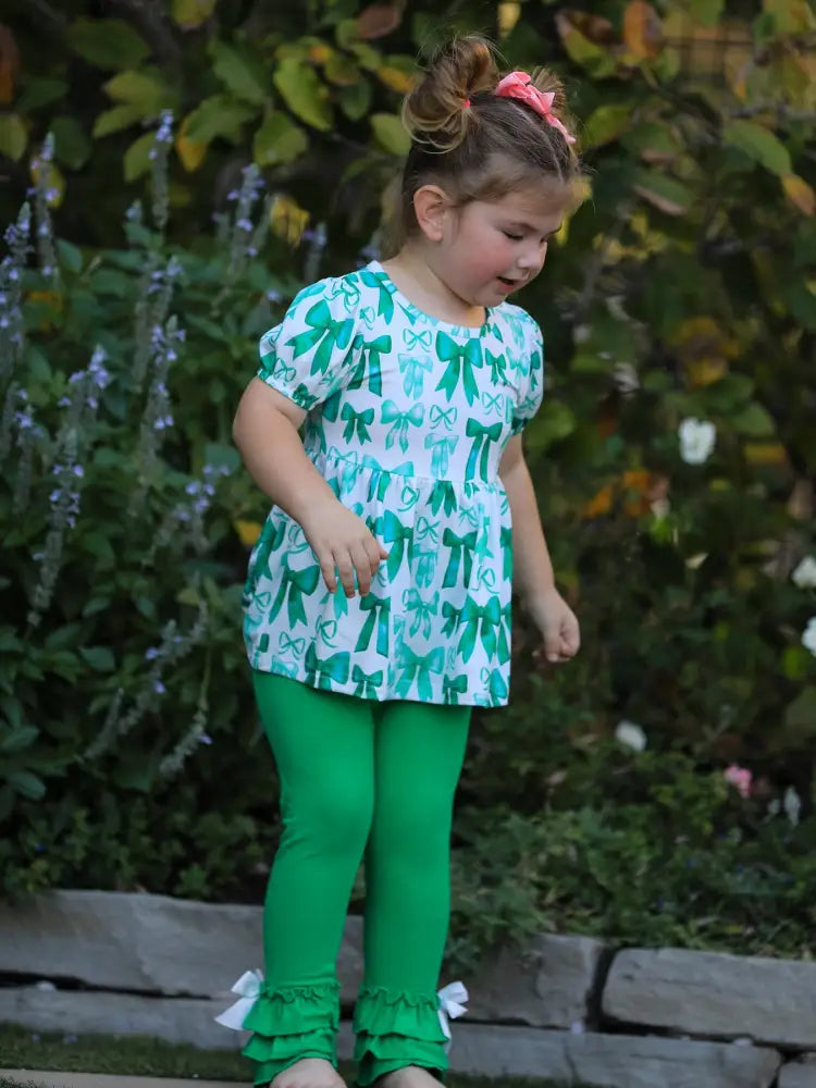 St. Patrick’s Day Bow Top and Ruffled Leggings Girls Set Outfit