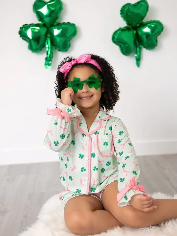 St. Patrick’s Day Bow Shamrock Print Ruffles Girls Pajama Set Pajamas