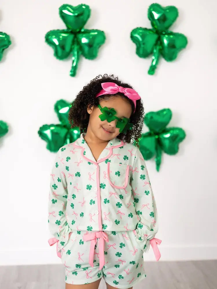 St. Patrick’s Day Bow Shamrock Print Ruffles Girls Pajama Set Pajamas