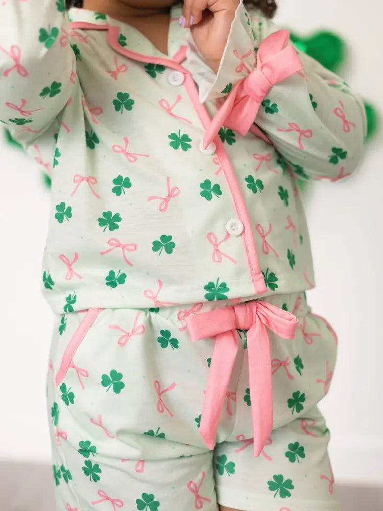 St. Patrick’s Day Bow Shamrock Print Ruffles Girls Pajama Set Pajamas