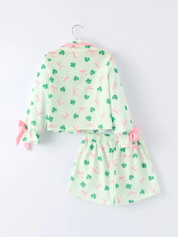 St. Patrick’s Day Bow Shamrock Print Ruffles Girls Pajama Set Pajamas