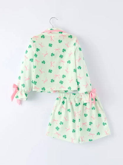 St. Patrick’s Day Bow Shamrock Print Ruffles Girls Pajama Set Pajamas
