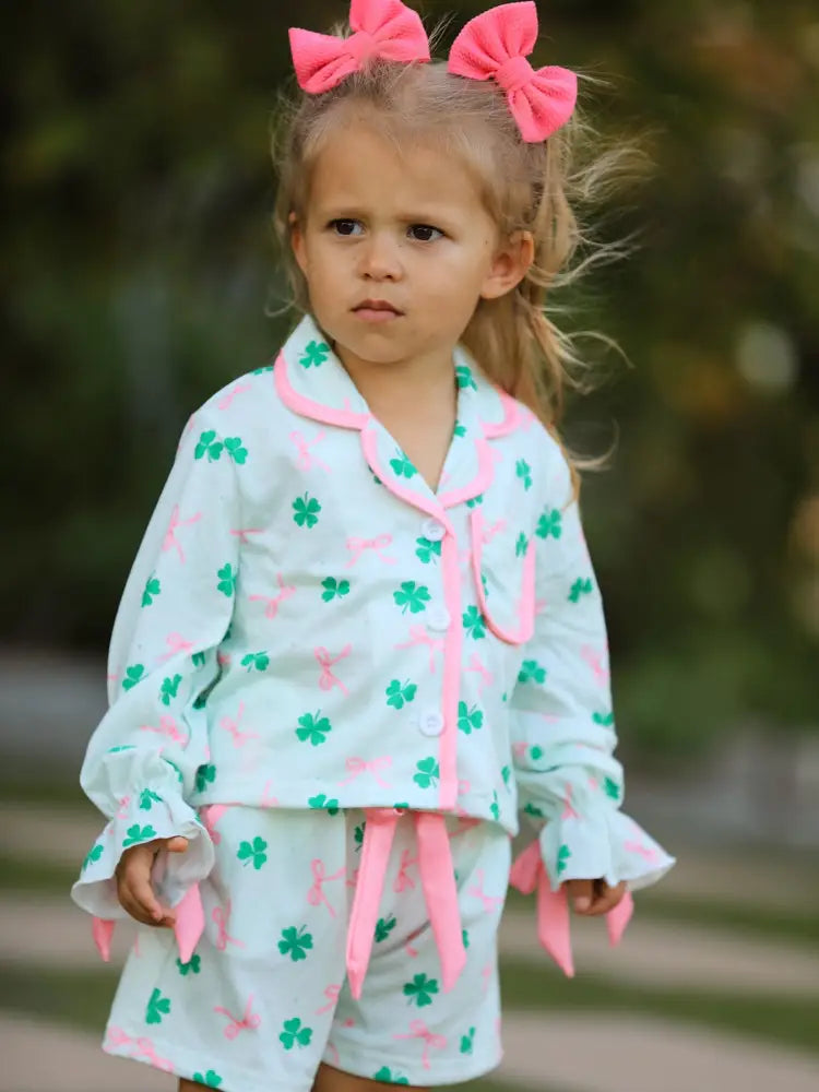 St. Patrick’s Day Bow Shamrock Print Ruffles Girls Pajama Set Pajamas