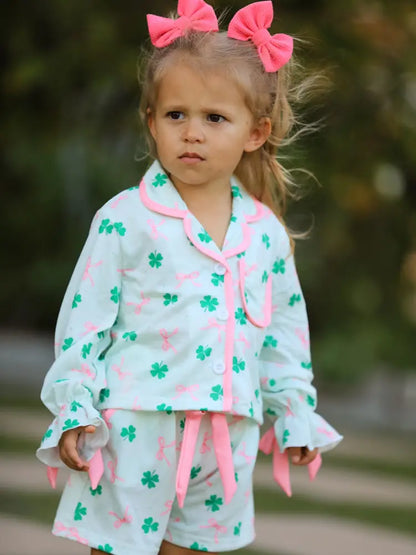 St. Patrick’s Day Bow Shamrock Print Ruffles Girls Pajama Set Pajamas