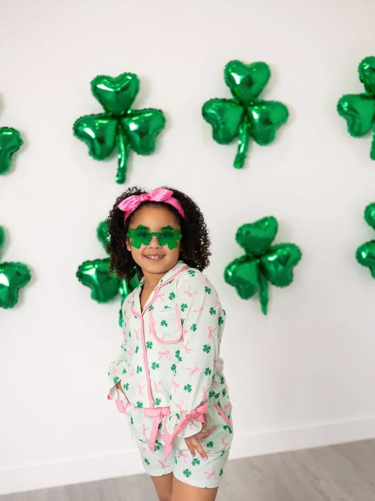 St. Patrick’s Day Bow Shamrock Print Ruffles Girls Pajama Set Pajamas