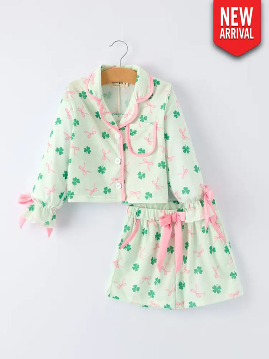 St. Patrick’s Day Bow Shamrock Print Ruffles Girls Pajama Set Pajamas
