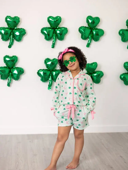 St. Patrick’s Day Bow Shamrock Print Ruffles Girls Pajama Set Pajamas
