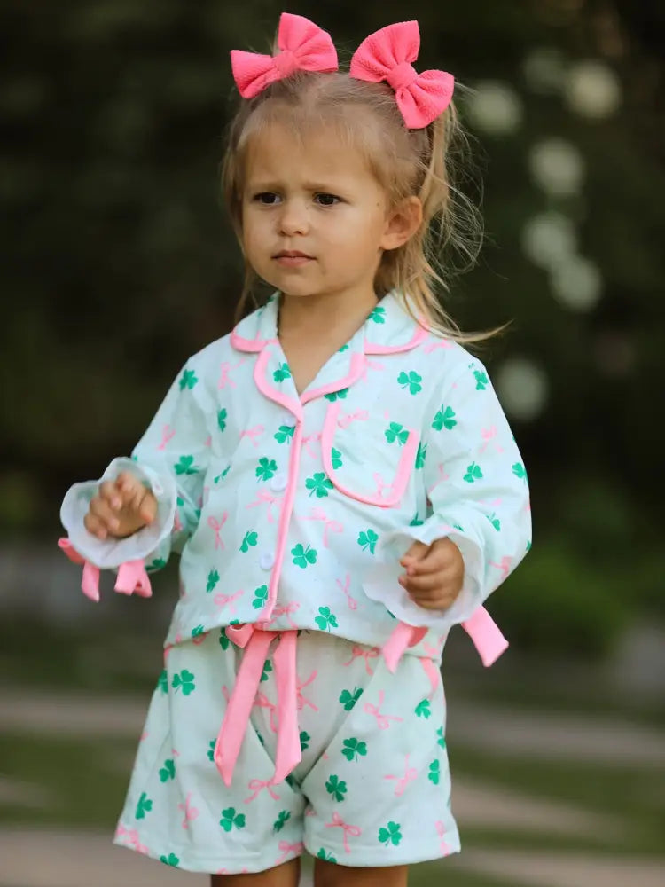 St. Patrick’s Day Bow Shamrock Print Ruffles Girls Pajama Set Pajamas