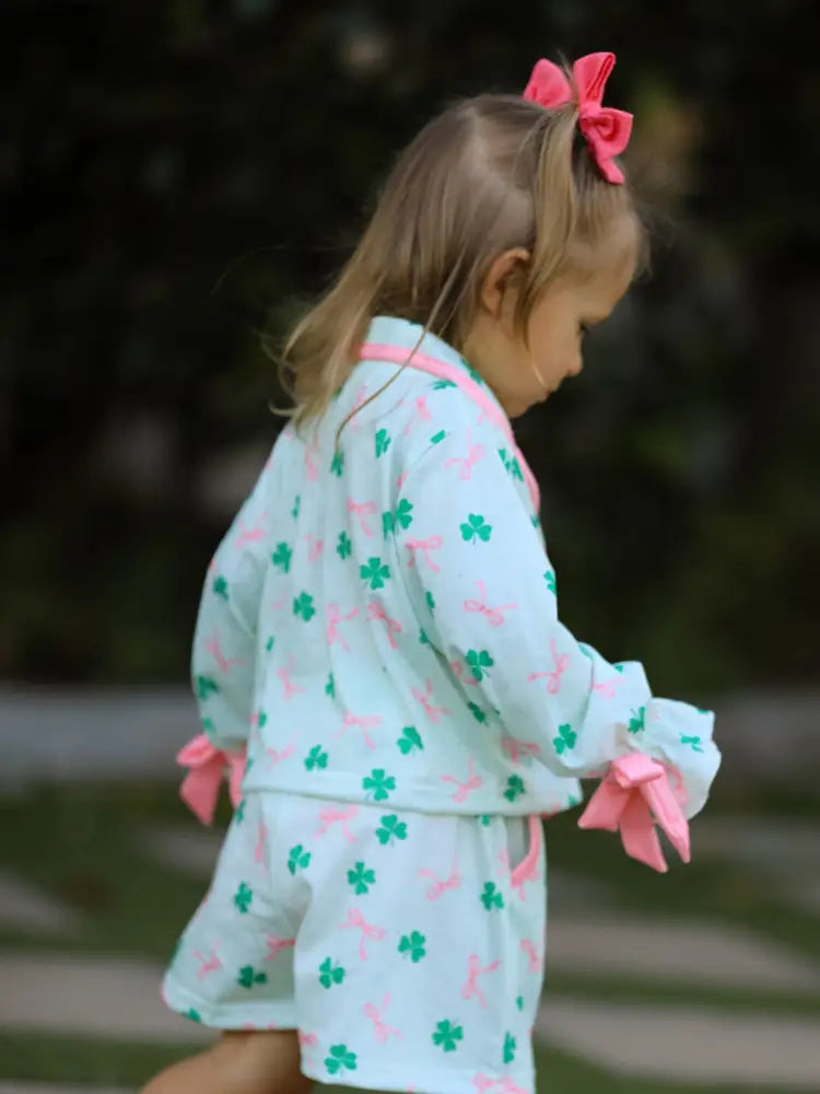 St. Patrick’s Day Bow Shamrock Print Ruffles Girls Pajama Set Pajamas