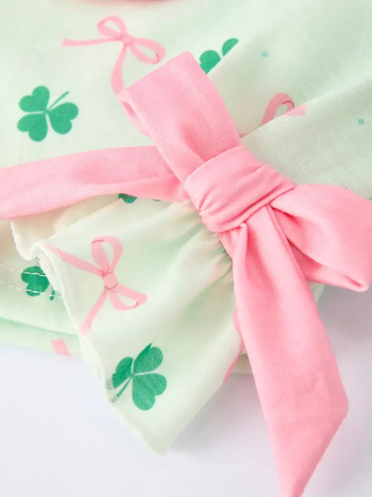 St. Patrick’s Day Bow Shamrock Print Ruffles Girls Pajama Set Pajamas