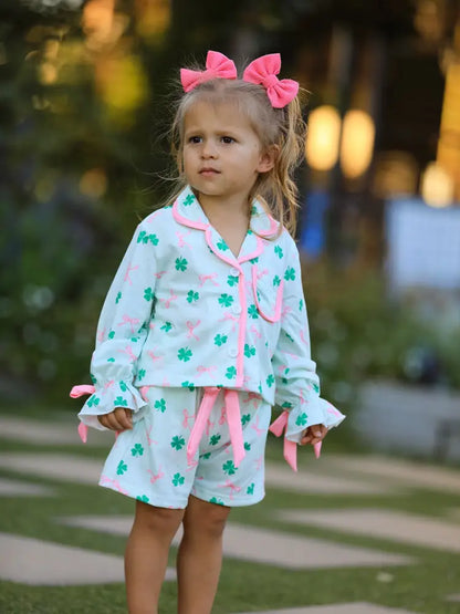 St. Patrick’s Day Bow Shamrock Print Ruffles Girls Pajama Set Pajamas