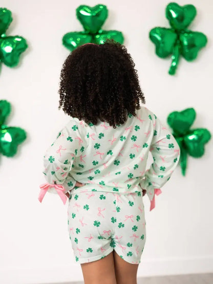 St. Patrick’s Day Bow Shamrock Print Ruffles Girls Pajama Set Pajamas