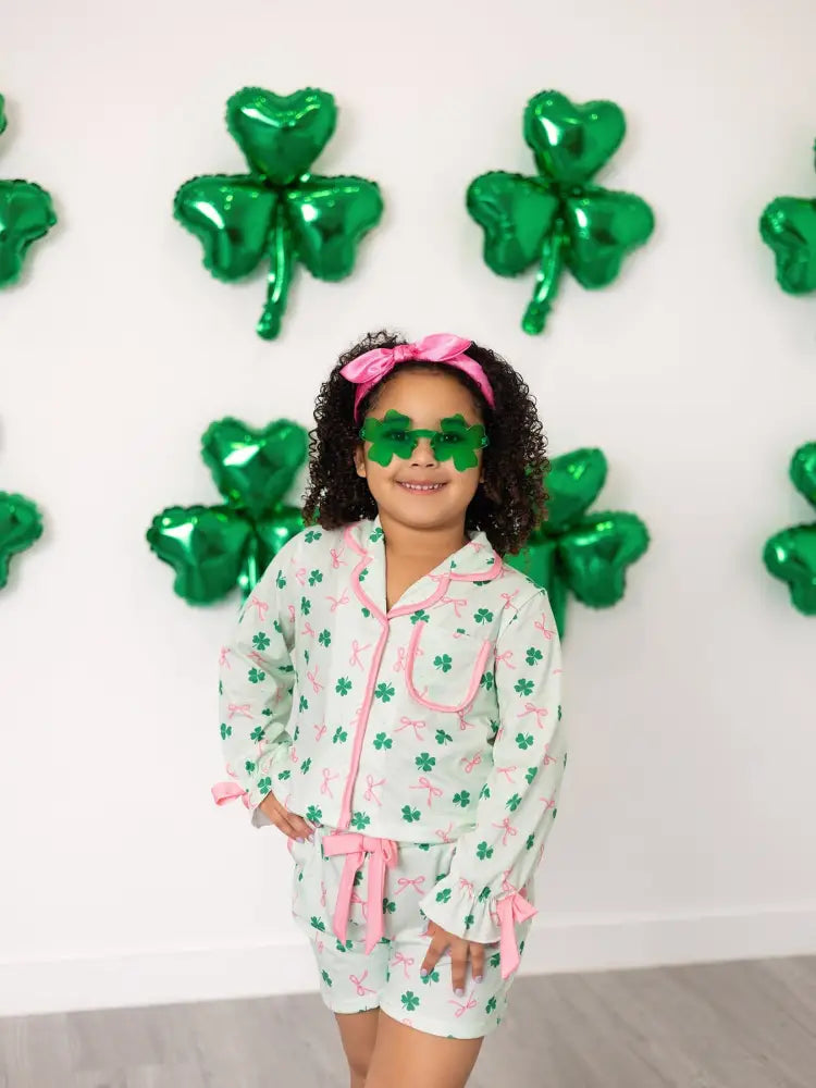 St. Patrick’s Day Bow Shamrock Print Ruffles Girls Pajama Set Pajamas
