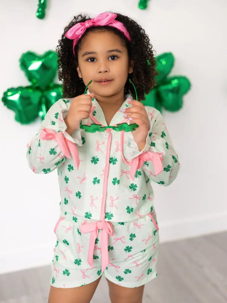 St. Patrick’s Day Bow Shamrock Print Ruffles Girls Pajama Set Pajamas