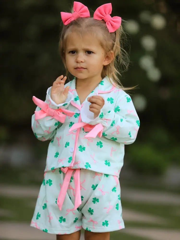 St. Patrick’s Day Bow Shamrock Print Ruffles Girls Pajama Set Pajamas