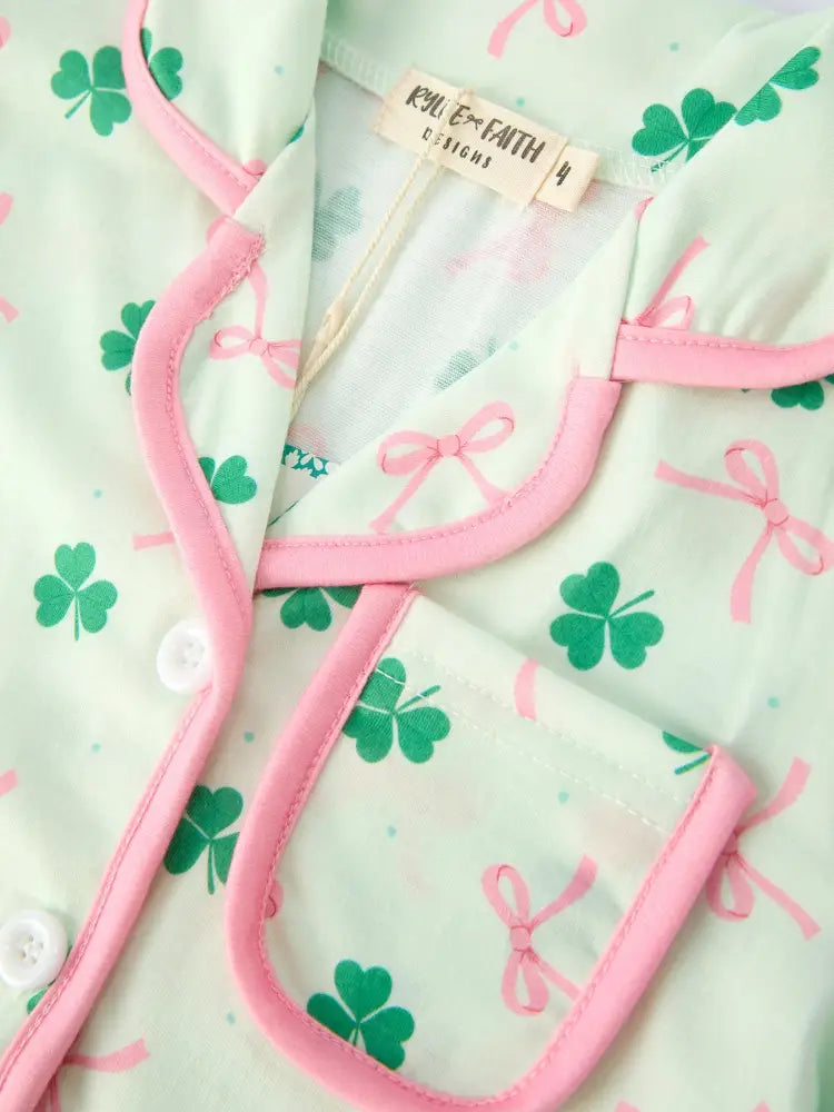 St. Patrick’s Day Bow Shamrock Print Ruffles Girls Pajama Set Pajamas