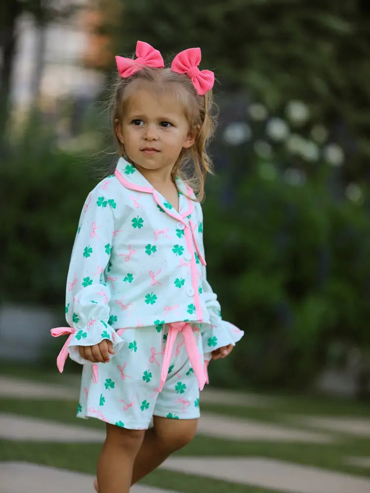 St. Patrick’s Day Bow Shamrock Print Ruffles Girls Pajama Set Pajamas