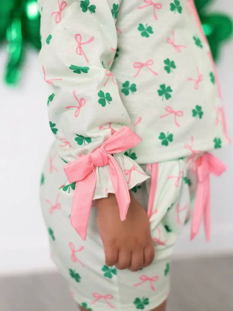 St. Patrick’s Day Bow Shamrock Print Ruffles Girls Pajama Set Pajamas