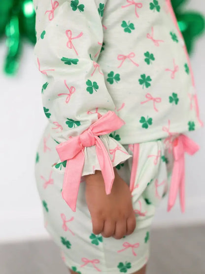 St. Patrick’s Day Bow Shamrock Print Ruffles Girls Pajama Set Pajamas
