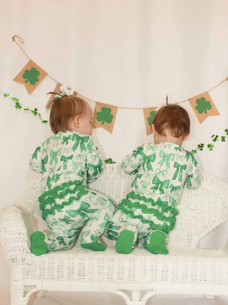 St. Patrick’s Day Bow Print Long Sleeves Baby Girls Romper Romper