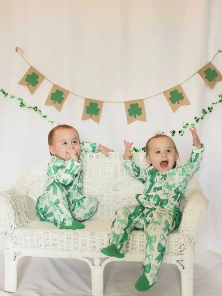 St. Patrick’s Day Bow Print Long Sleeves Baby Girls Romper Romper