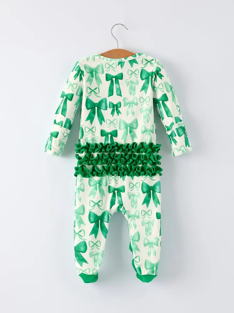 St. Patrick’s Day Bow Print Long Sleeves Baby Girls Romper Romper