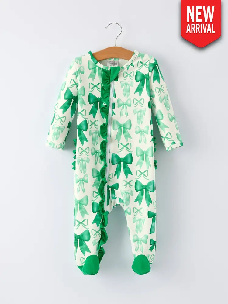 St. Patrick’s Day Bow Print Long Sleeves Baby Girls Romper Romper