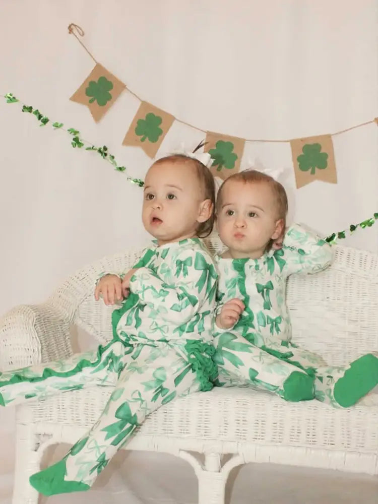 St. Patrick’s Day Bow Print Long Sleeves Baby Girls Romper Romper