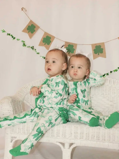 St. Patrick’s Day Bow Print Long Sleeves Baby Girls Romper Romper