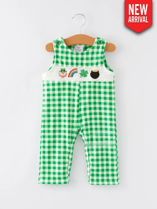 St. Patrick’s Day shamrock Smocking Embroidered Green Plaid Boys’ Romper Romper
