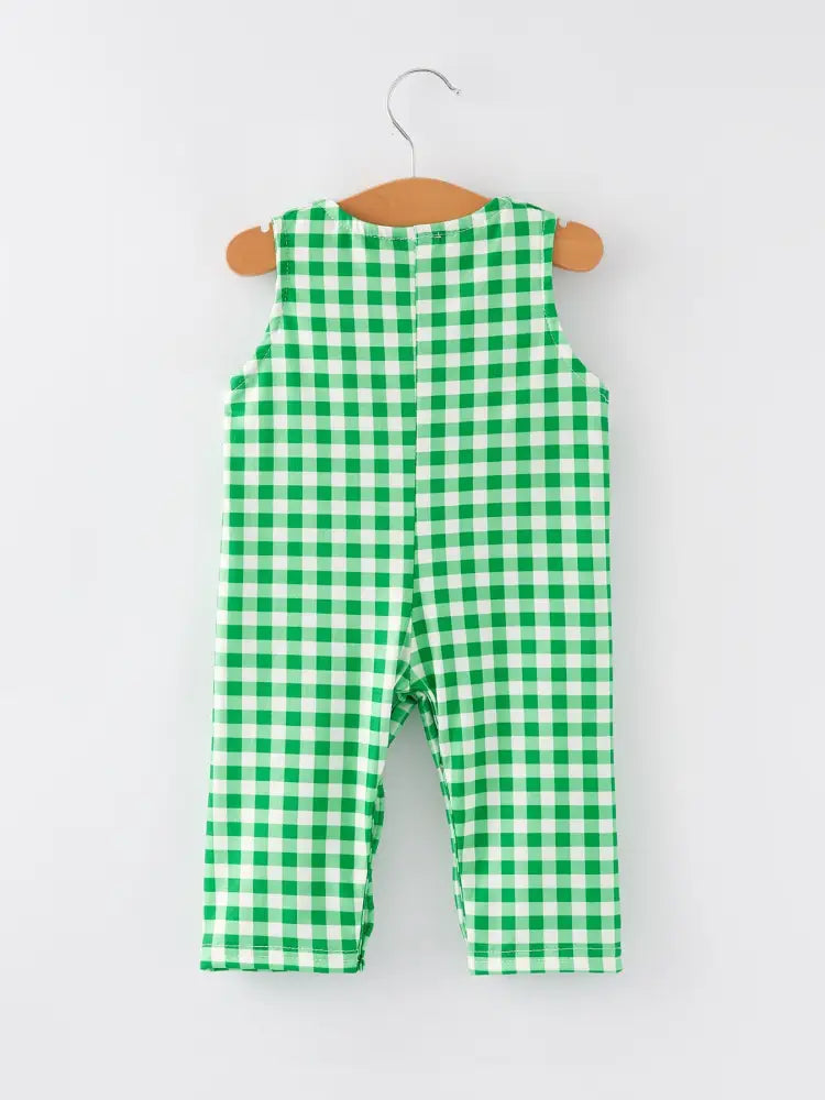 St. Patrick’s Day shamrock Smocking Embroidered Green Plaid Boys’ Romper Romper