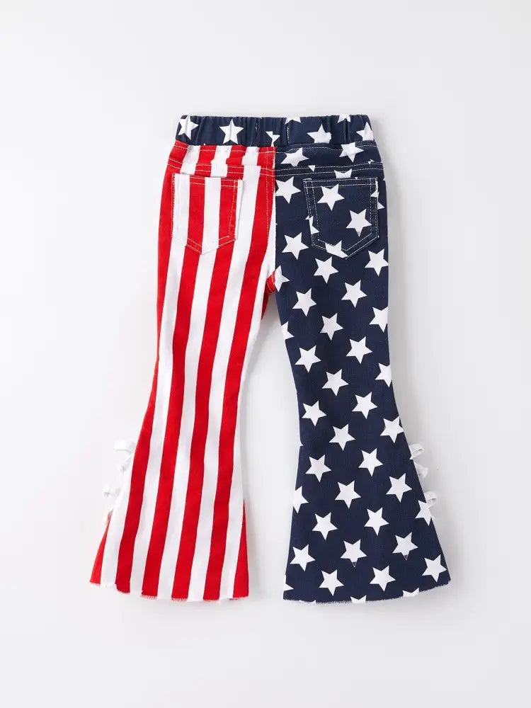 4th of july Patriotic Star Stripe Bow Flare Pants - Jeans