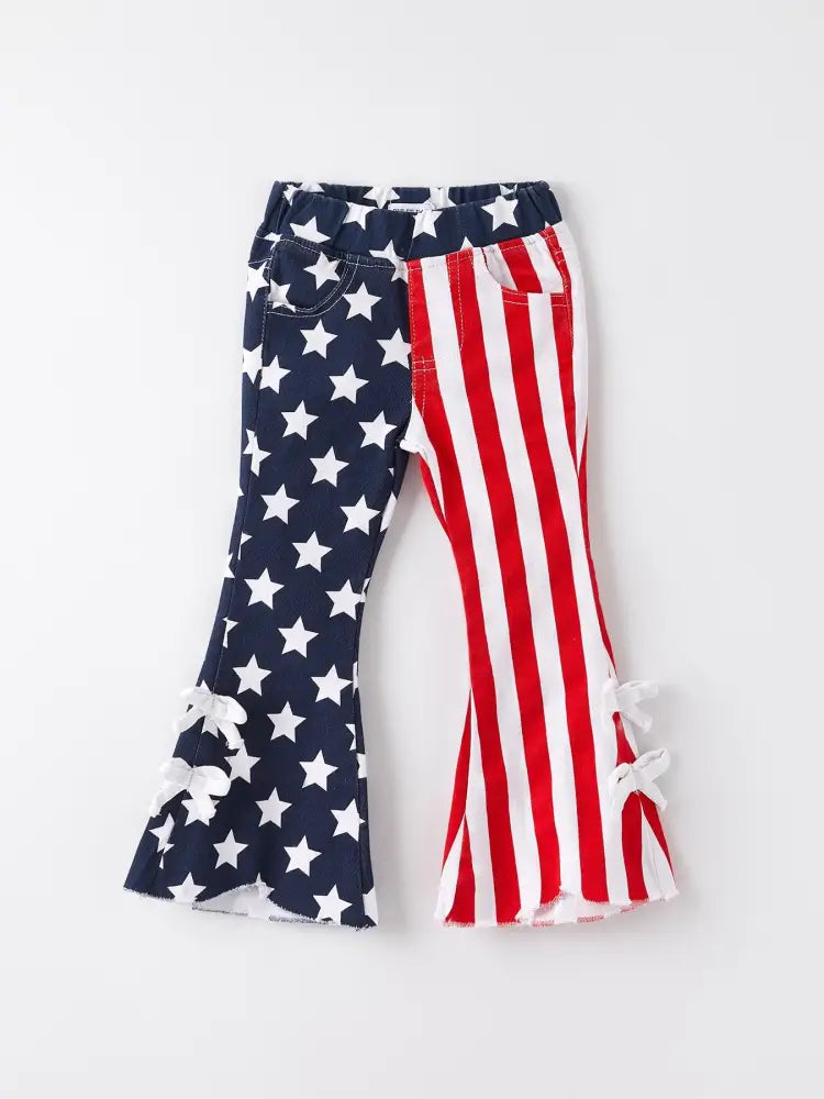 4th of july Patriotic Star Stripe Bow Flare Pants - Jeans